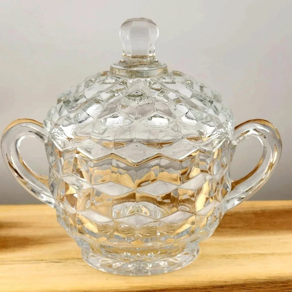 Colony Whitehall Clear Covered Sugar Bowl cube cubist glass midcentury vintage - Picture 1 of 16